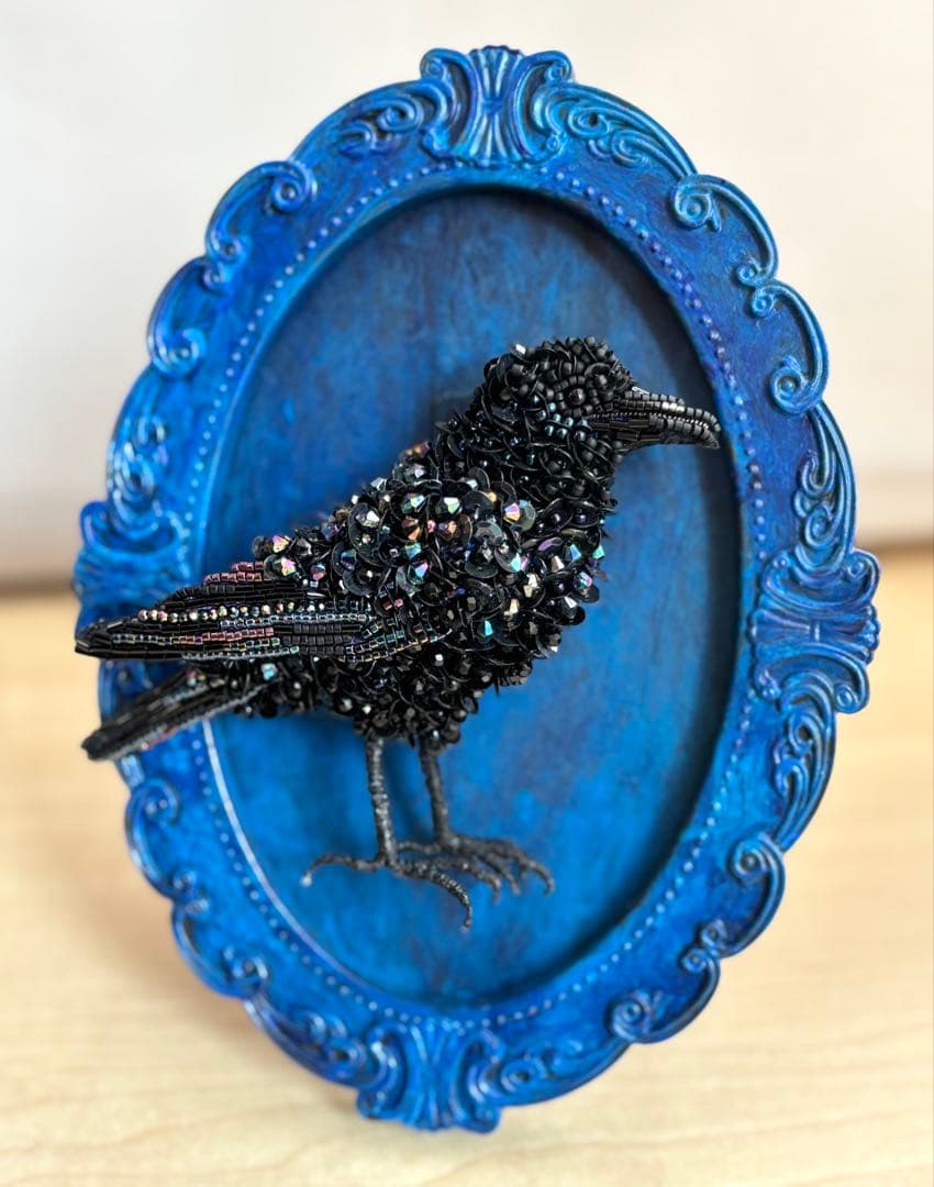 【ハシブトガラス】ビーズ刺繍ブローチバッグチャーム