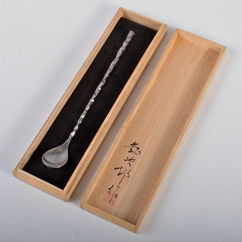 鶴岡鉦次郎　銀製　SILVER刻印　鎚目　匙　約36g　共箱　M　R4329