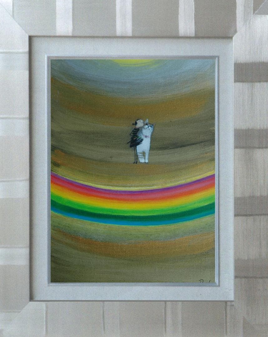 油絵 菅家令子絵 絵画インテリア額付(淡い銀青緑)F3-030919虹子猫犬女子