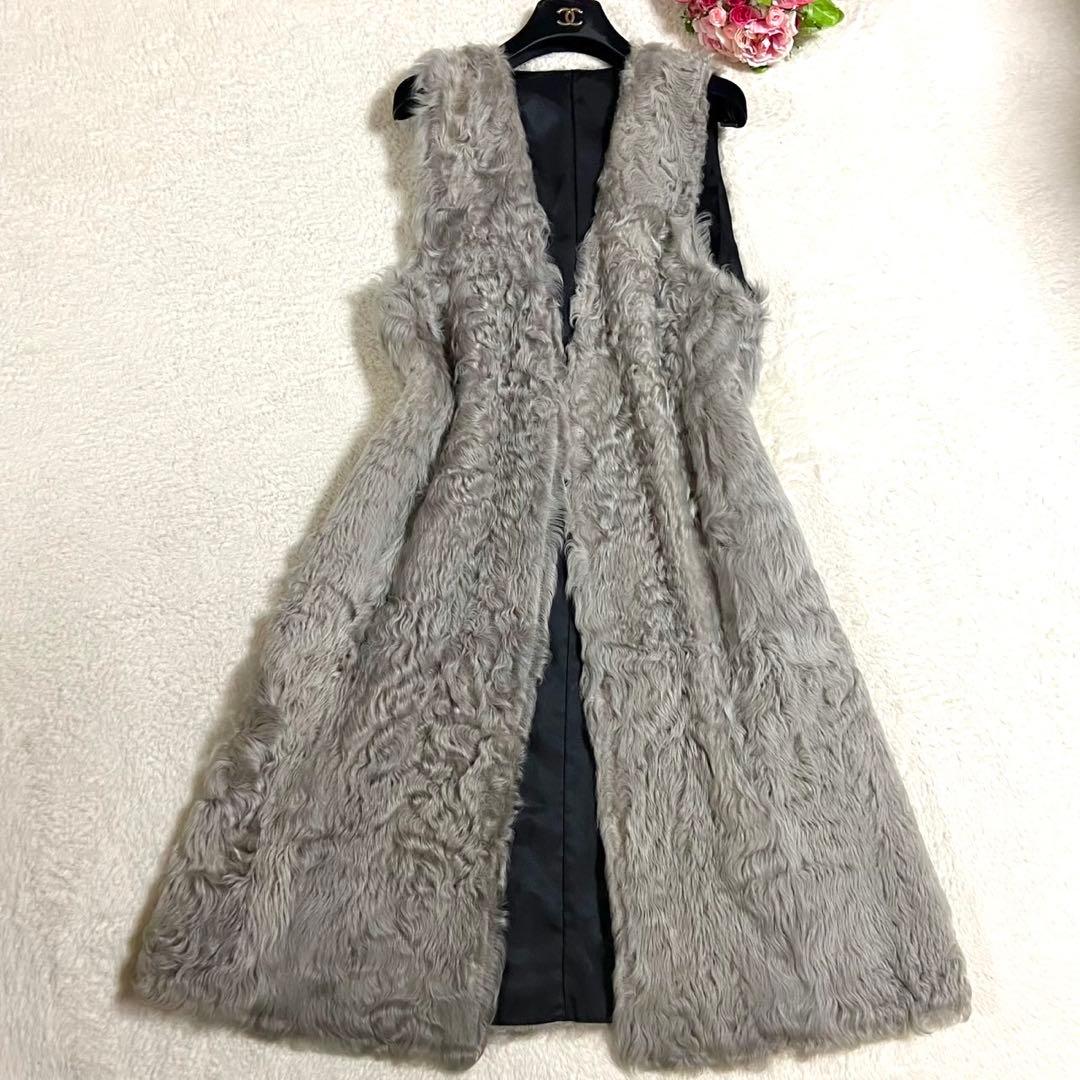 毛皮 ラム リアルファー ロングベスト グレー Lサイズ相当