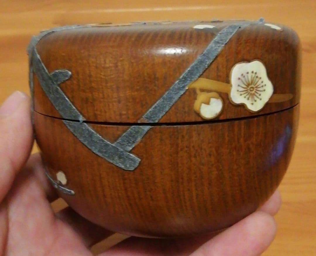 書付有　信斎作　塊木　梅捻　螺鈿　棗　共箱　仕服付　茶道具