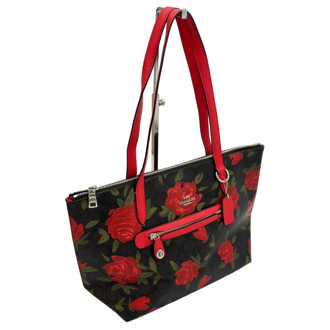 COACH コーチ トートバッグ シグネチャー ローズプリント 赤花 レッド系