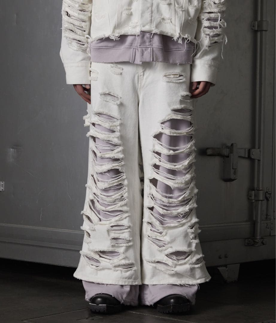 GRANCYスウェットドッキングデザインダメージバギーデニムパンツ ホワイト