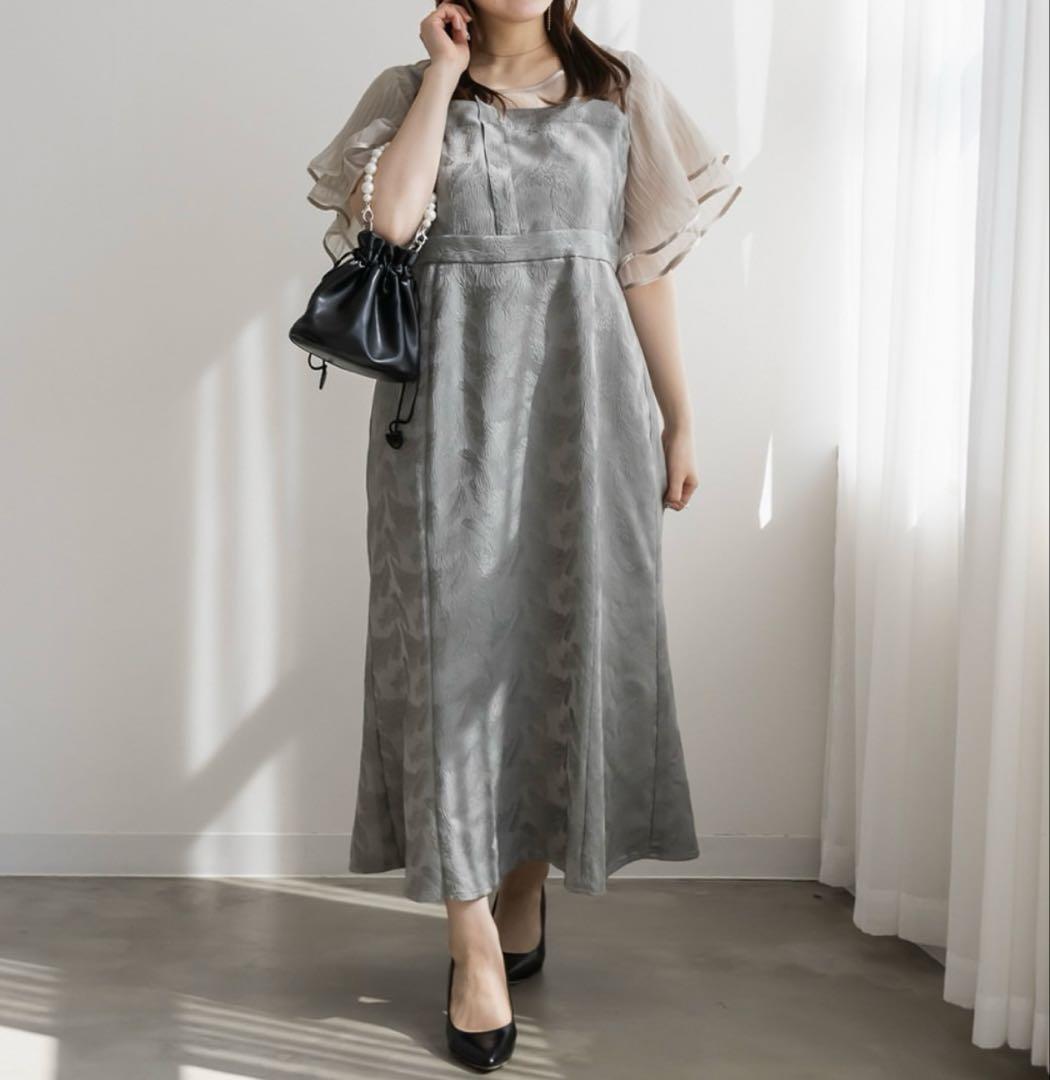 プリーツフレアスリーブレイヤード風ワンピースドレス/4L／クレット