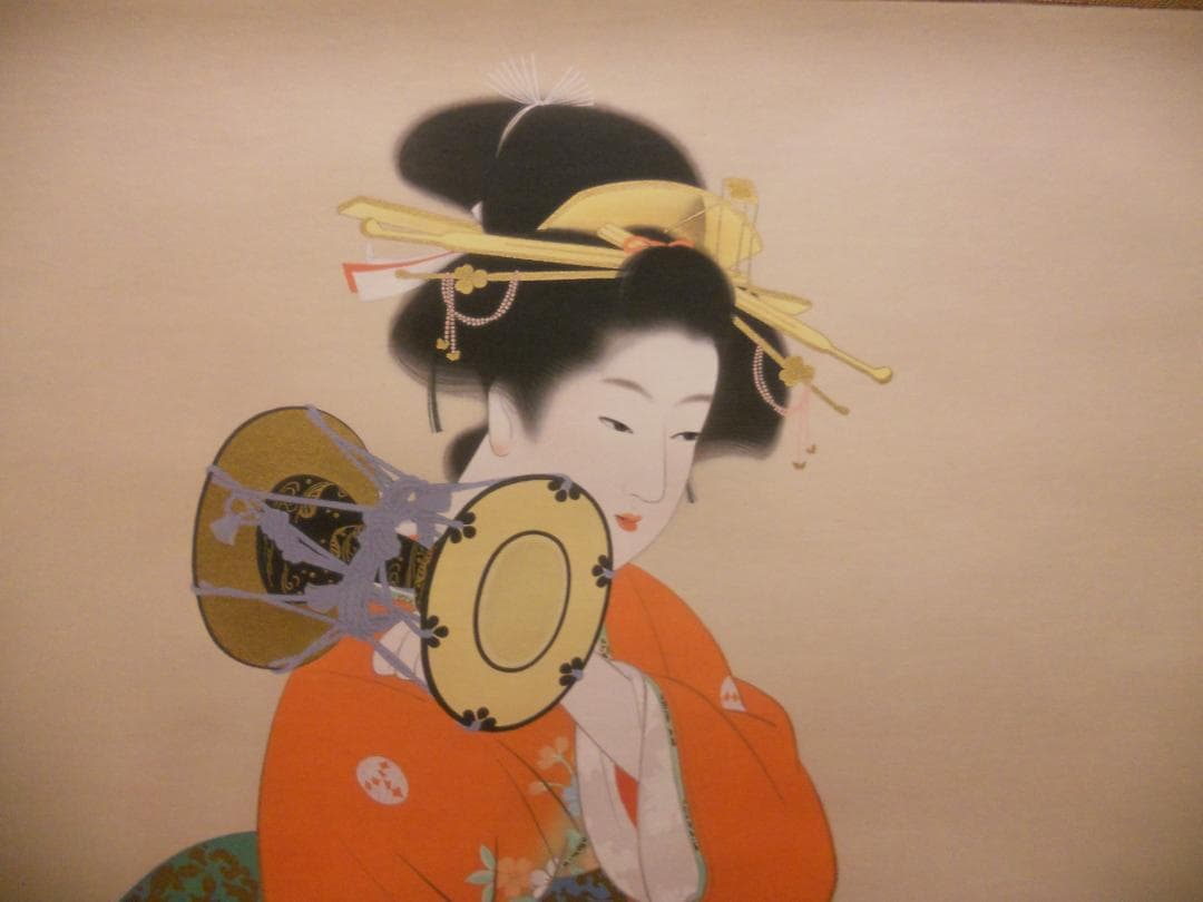 掛け軸 上村松園 『 鼓の音 』 美人画 名品 複製 希少 茶道具 掛軸 新品