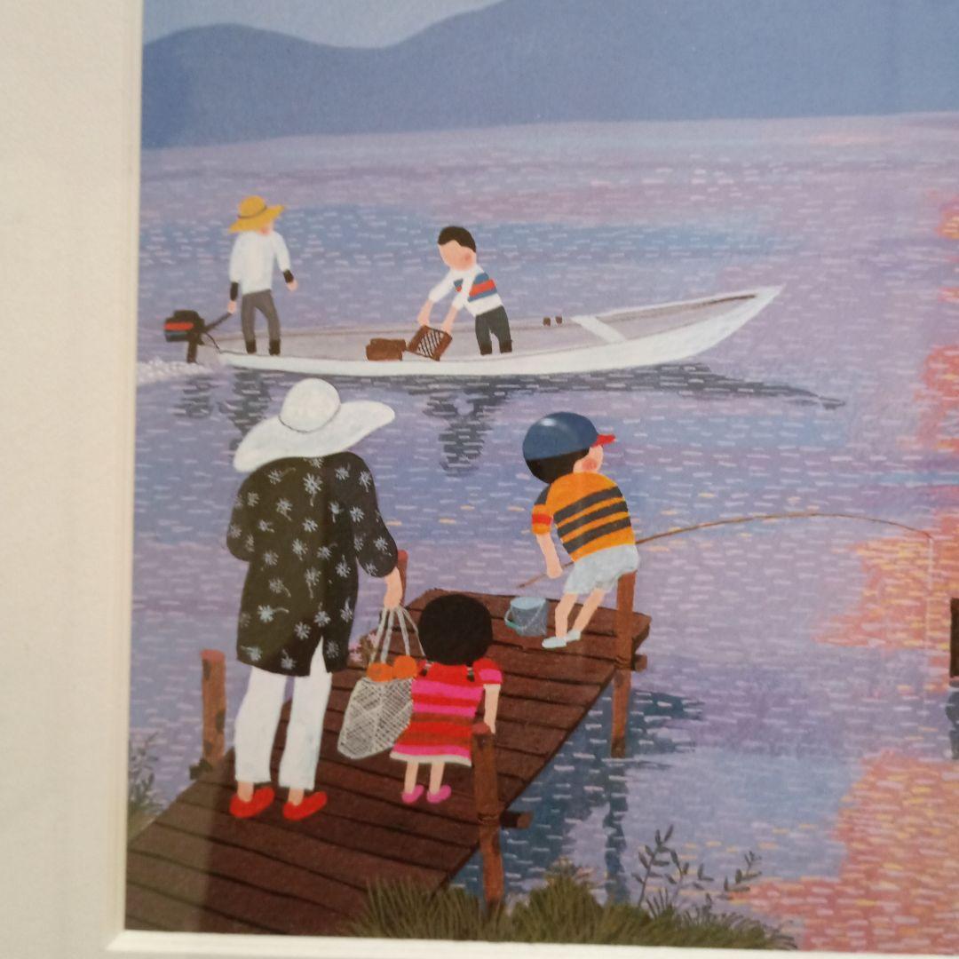 Taiji Harada 風景画 　夕日の湖　版画 額付 s