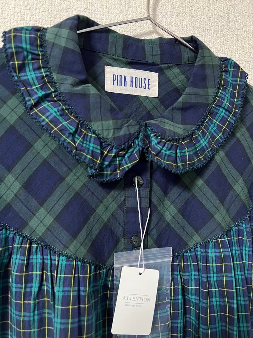 PINK HOUSE ロングワンピース チェック ピコフリル 半袖