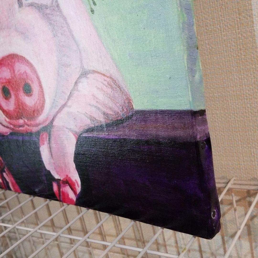 油絵　みーちゃん確認　頭に花をのせた豚