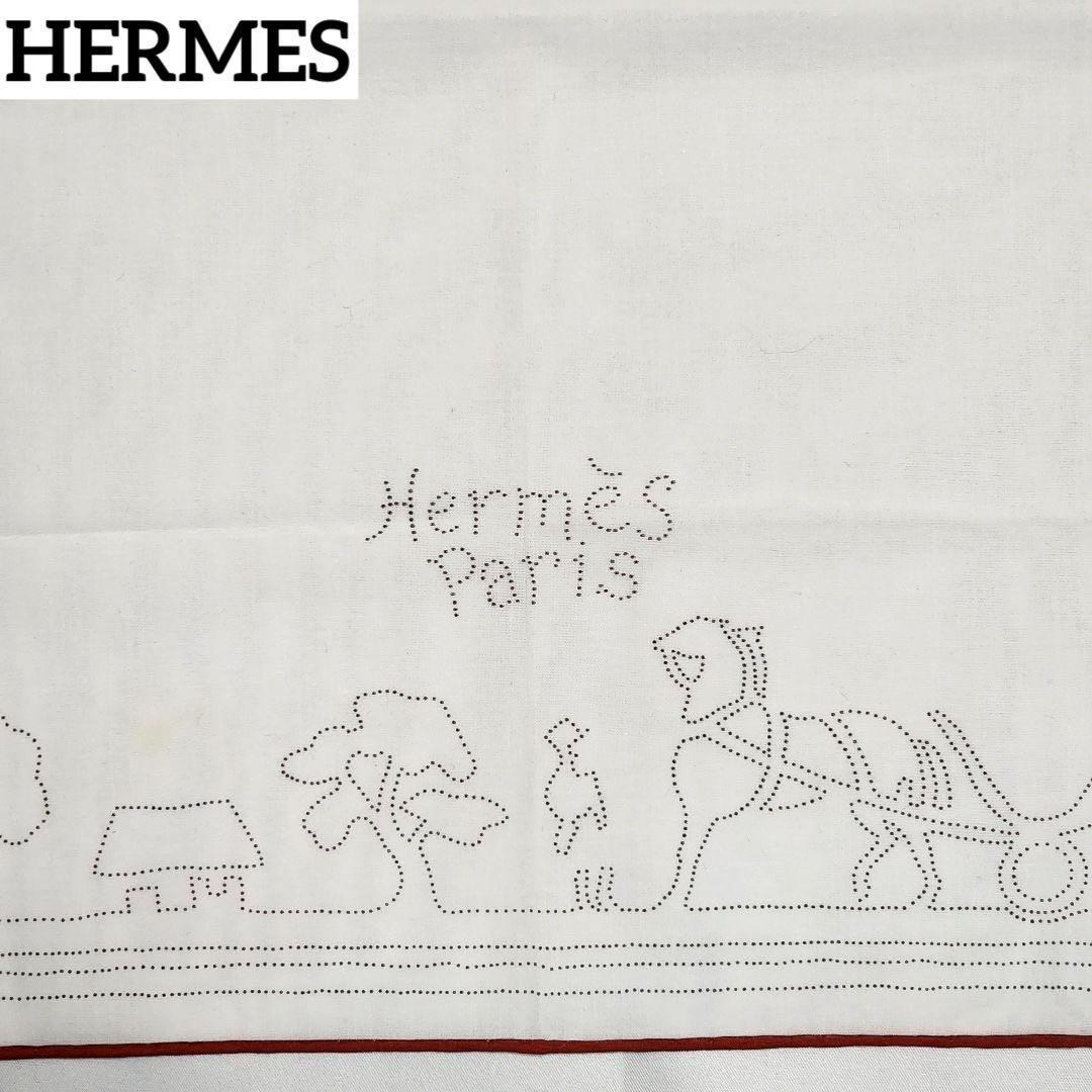 ☆HERMES☆ ハンカチ 馬車 木 家 点描 綿100％ ホワイト レッド