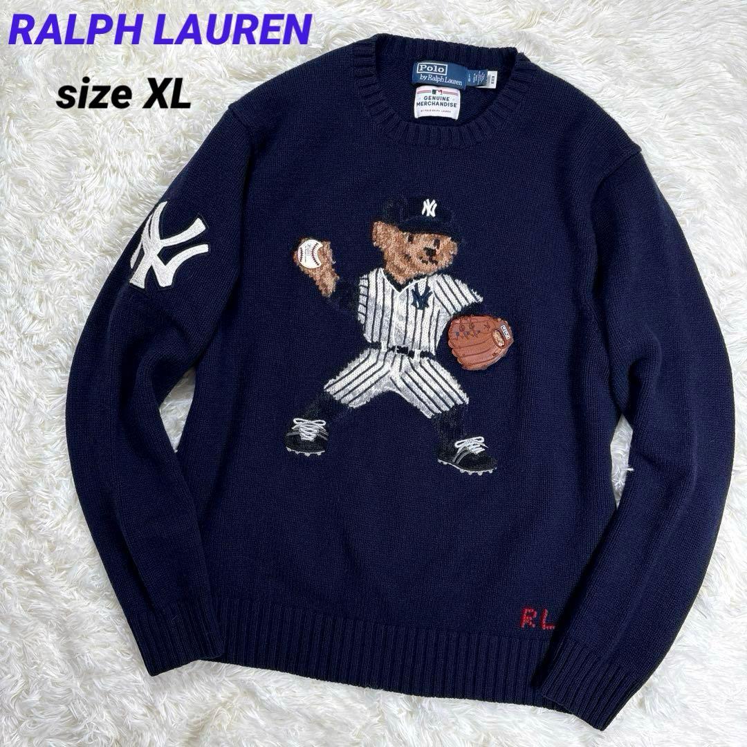 ✨MLBヤンキース✨ラルフローレン　ポロベア　ニット　セーター　ウール　紺　XL