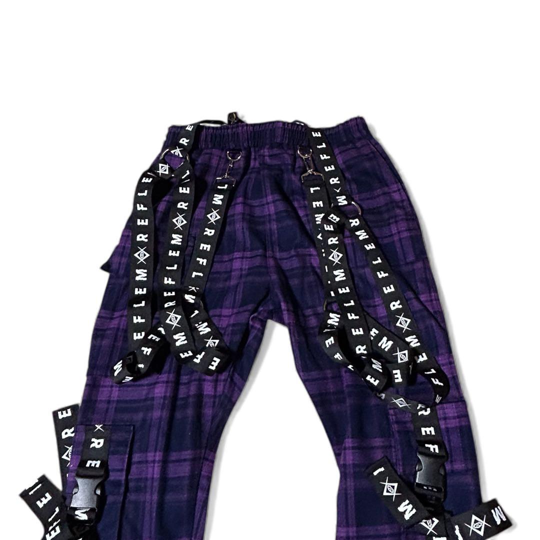 即完品✨REFLEM ハーネスロゴベルトカーゴパンツ パープルチェック FREE
