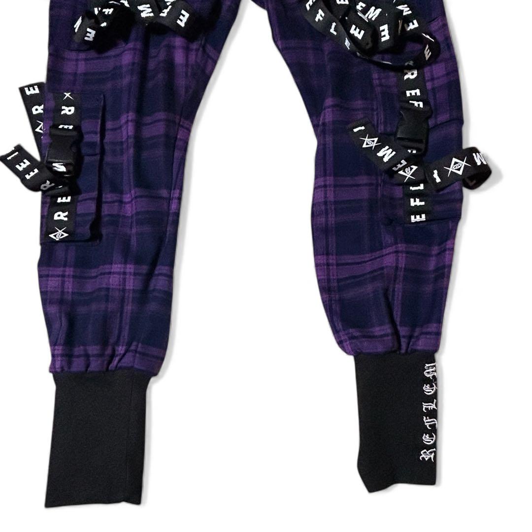 即完品✨REFLEM ハーネスロゴベルトカーゴパンツ パープルチェック FREE