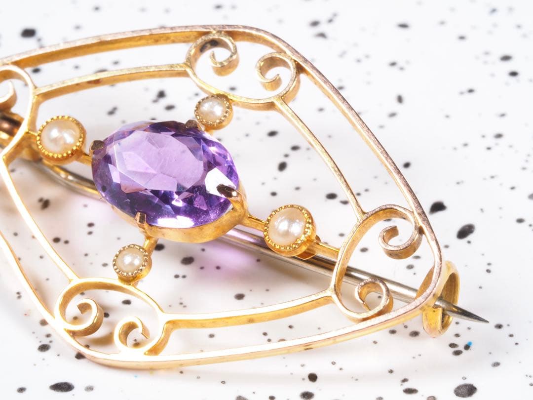 アメジスト　シードパール　9金　ブローチ　エドワーディアン期　刻印
