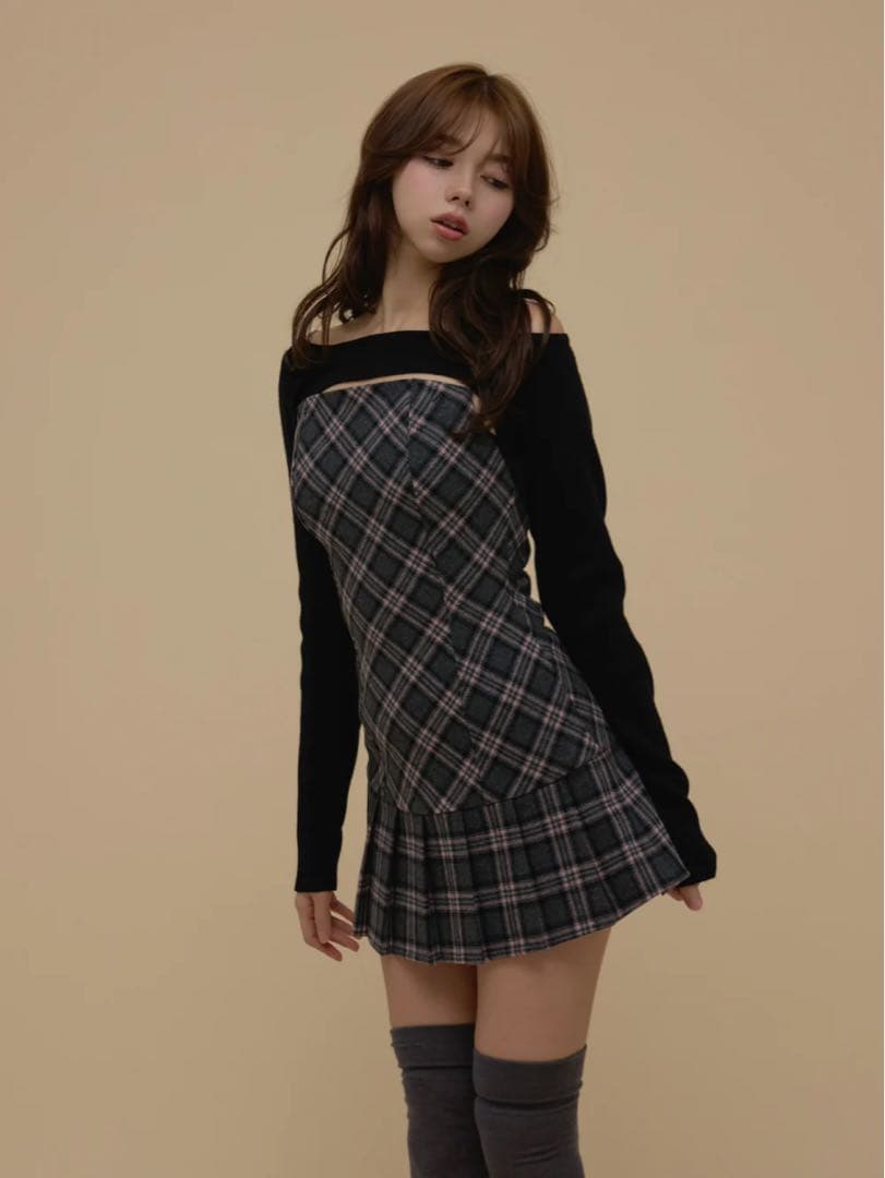 andmary Selena check mini dress グレー