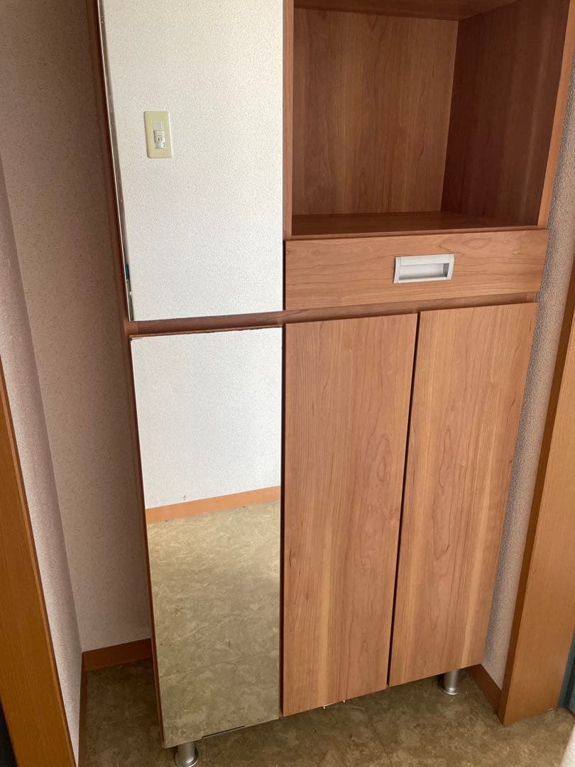 木目調シューズラック ミラー付き