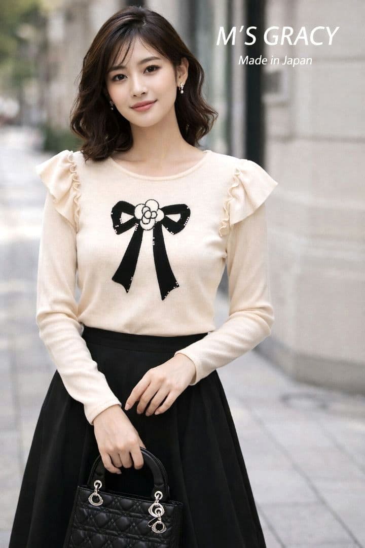 M’S GRACY リボン カメリア フリル ニット 38 美品