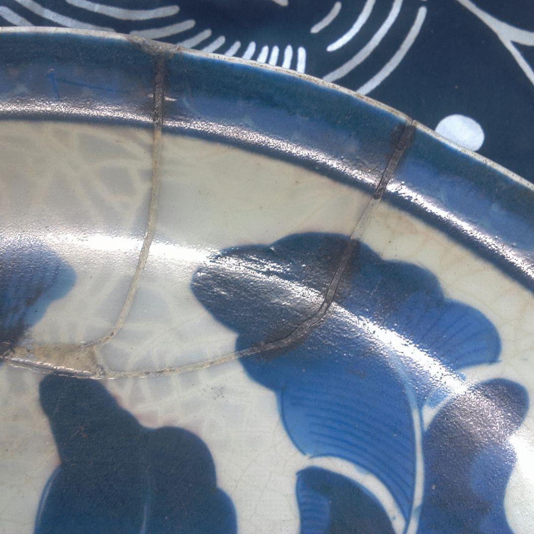 骨董６青い花柄の陶磁器平皿