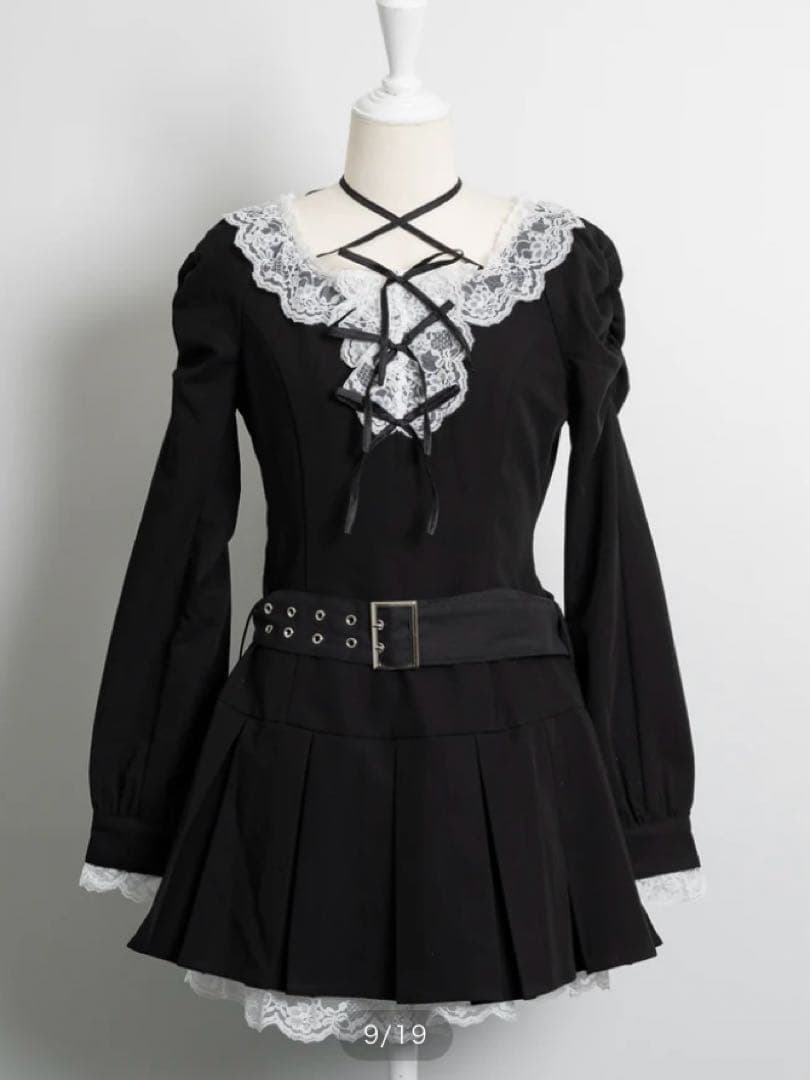 pium ピウム レースフリルプリーツミニワンピース ブラック