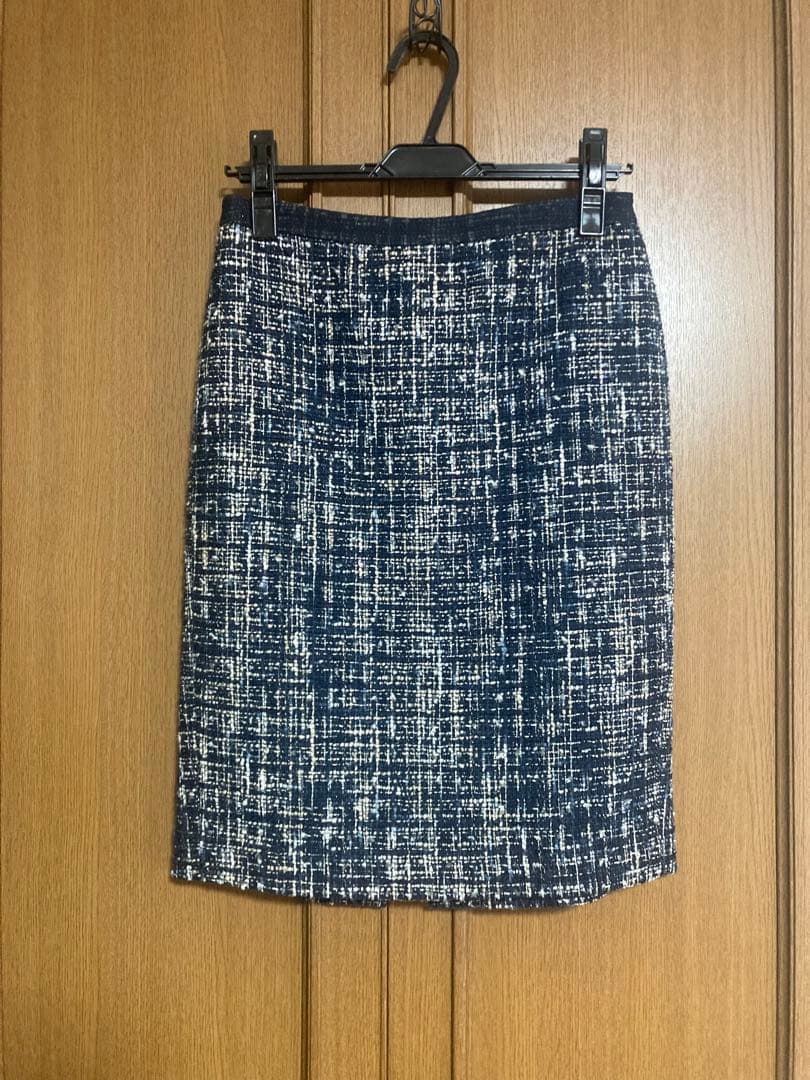 BEIGE, ベイジ　ツィード　ノーカラージャケット　スカート　6　ネイビー