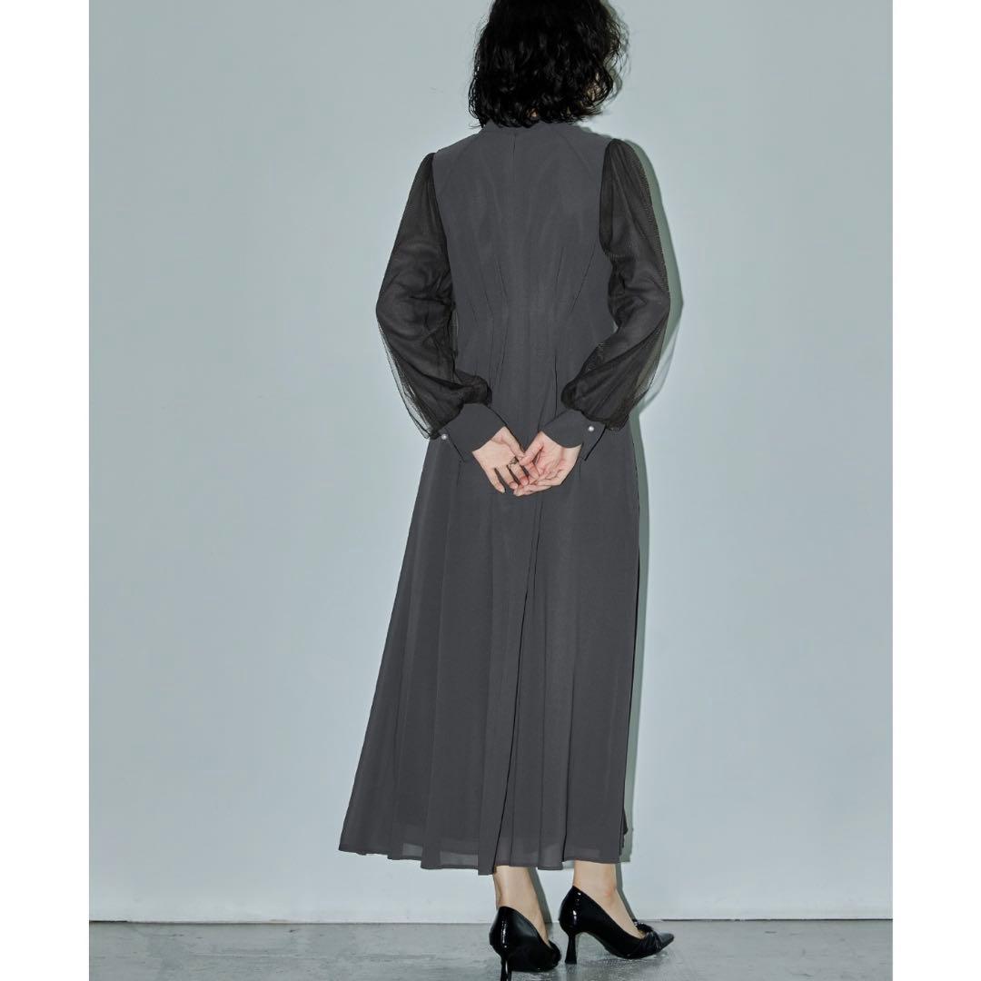 【美品】niana Vネックシアースリーブドレス　チャコール Mサイズ 結婚式