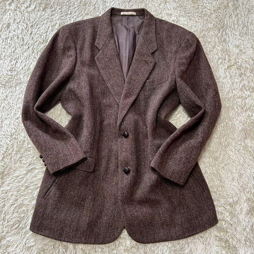 【美品】パパス　ハリスツイード　ヘリンボーン　テーラードジャケット　ブラウン　L
