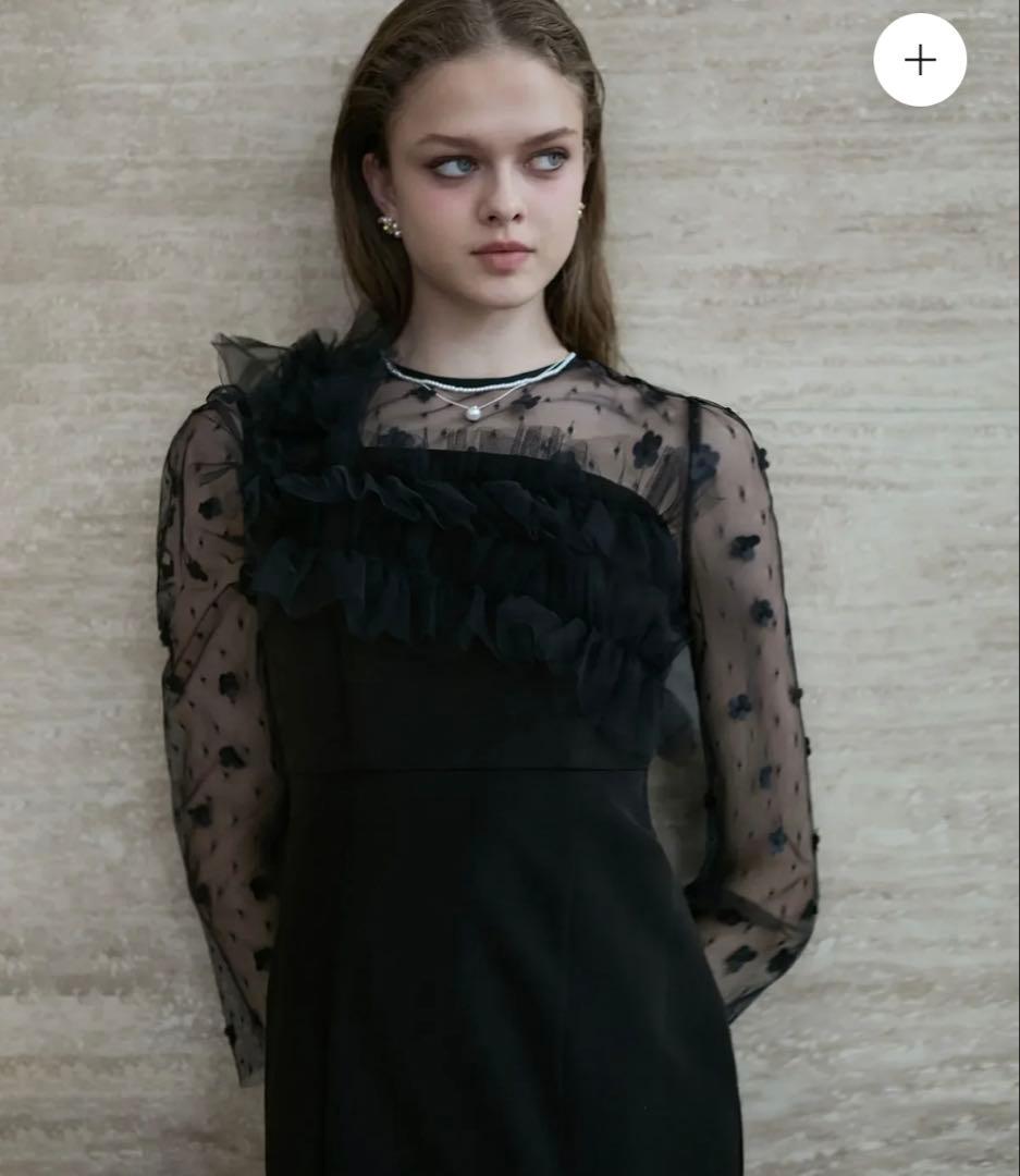 【LEJA】フラワーモチーフアシンメトリーチュールマーメイドワンピースドレス