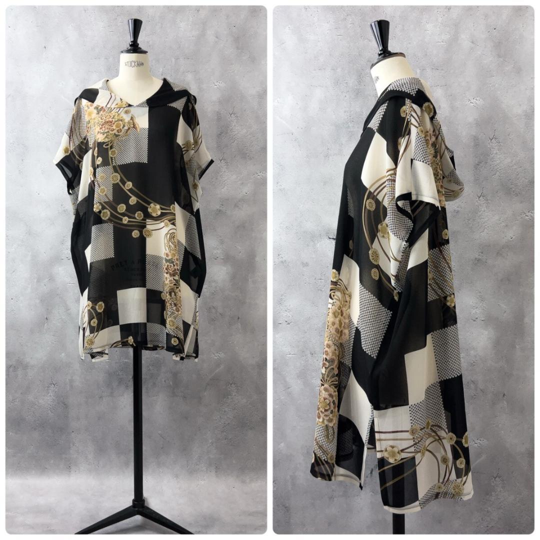 詩仙堂 シセンドウ フード シフォン ロング チュニック ワンピース 花柄 黒