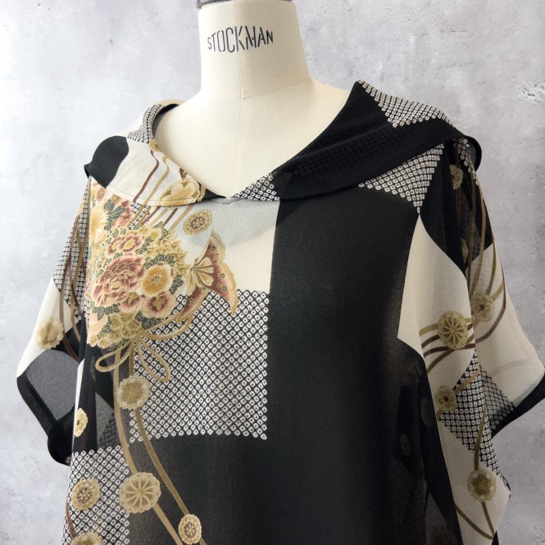 詩仙堂 シセンドウ フード シフォン ロング チュニック ワンピース 花柄 黒