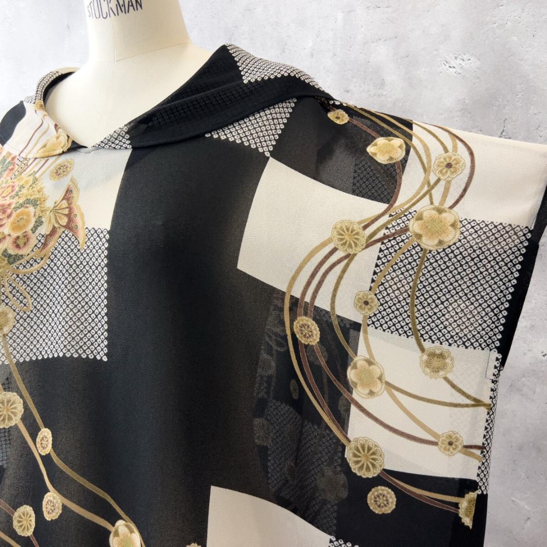 詩仙堂 シセンドウ フード シフォン ロング チュニック ワンピース 花柄 黒