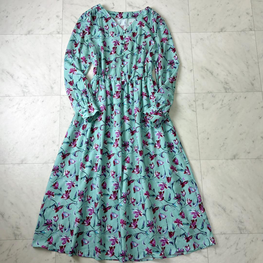 ANAYI フラワーペイントプリント ロングワンピース M ミント 花柄 アナイ