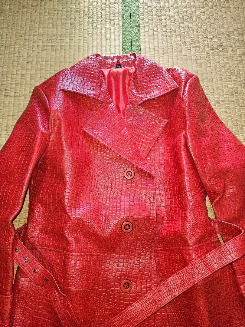 値下げ致します。メンズ赤レザークロコダイル型押しロングチェスターコートXXL
