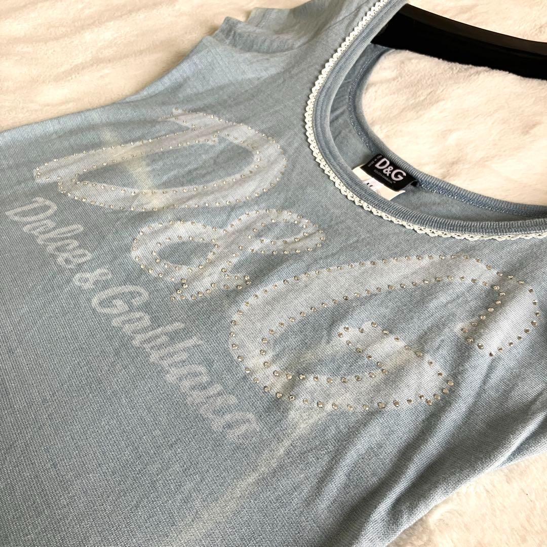 新品 ドルチェアンドガッバーナ コットン ロゴ ダメージ加工Tシャツ M ブルー