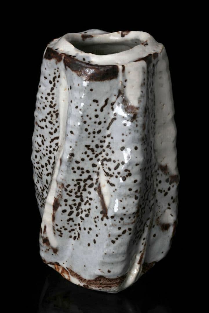 現代美濃陶芸【塚本治彦】志野花生 共箱 書状 略歴付 三越個展出品作 花器 花瓶