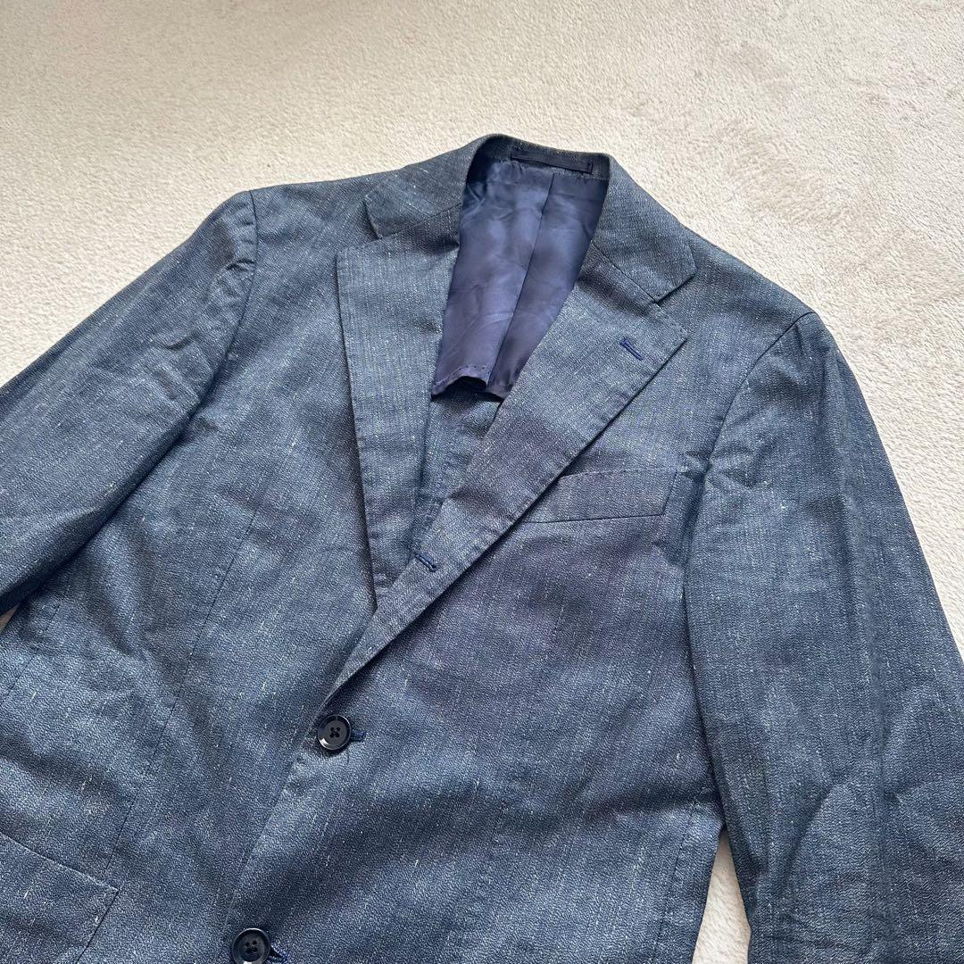 【美品】ビームスエフ　テーラードジャケット　シャンブレー　ネイビー　リネン　現行