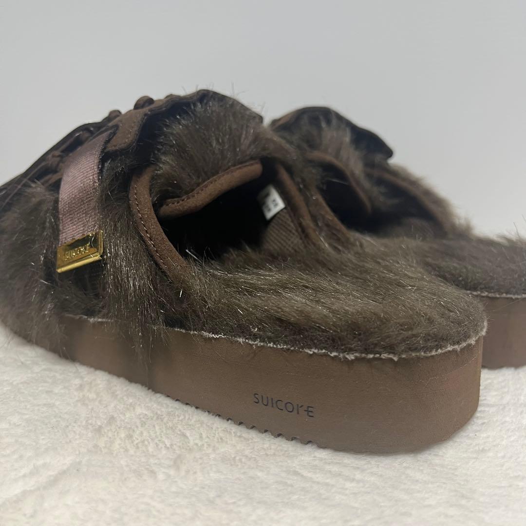 L'Appartment　[SUICOKE]ファー×フリンジサボサンダル　茶