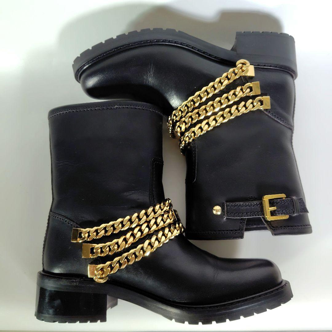 DSQUARED2 ゴールドチェーン レザー ブーツ 黒 37 モード