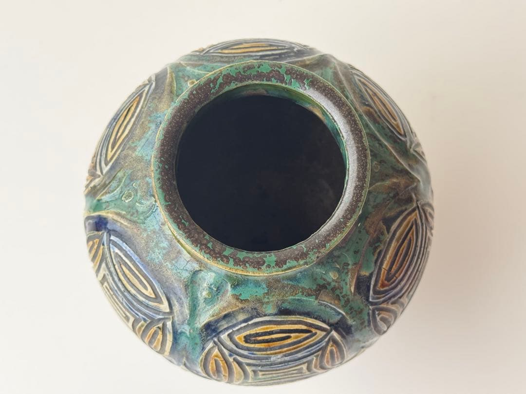 ヴィンテージ 民藝 沖縄県 壺屋焼 花瓶 壺 装飾的な青緑色の陶器 やちむん