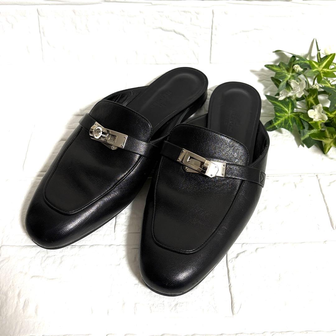 エルメス オズ ケリー シルバー金具 ミュール サンダル 黒 ブラック 38