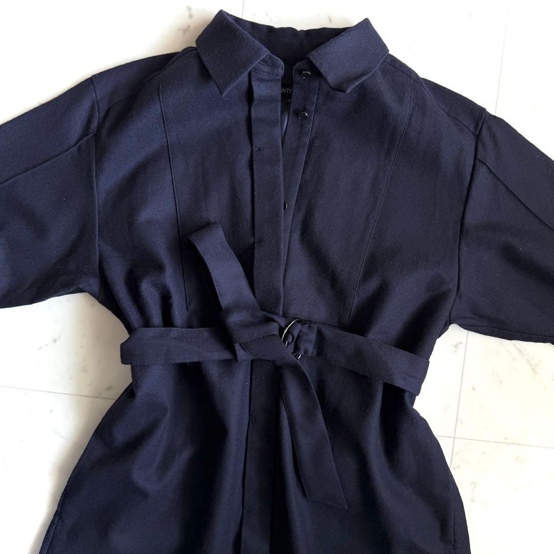 美品 アンタイトル メリノウールシャツワンピース◆ネイビー 2 ロングワンピース