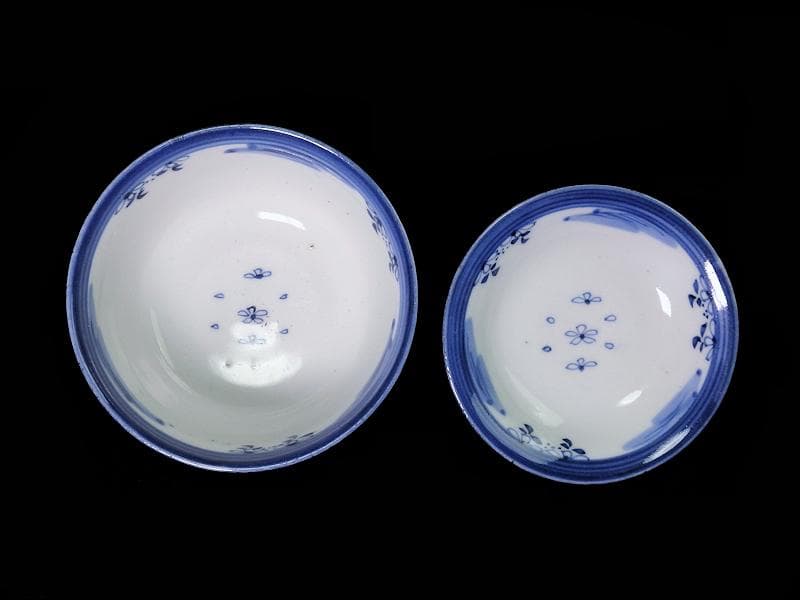 古伊万里　染付　輪線　桜花紋に霞の図　蓋茶碗　E864AS-COh