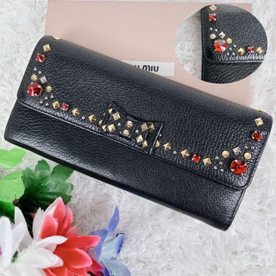 美品✨ミュウミュウ　長財布　リボン　ビジュー　スタッズ　レザー　ブラック　黒　金