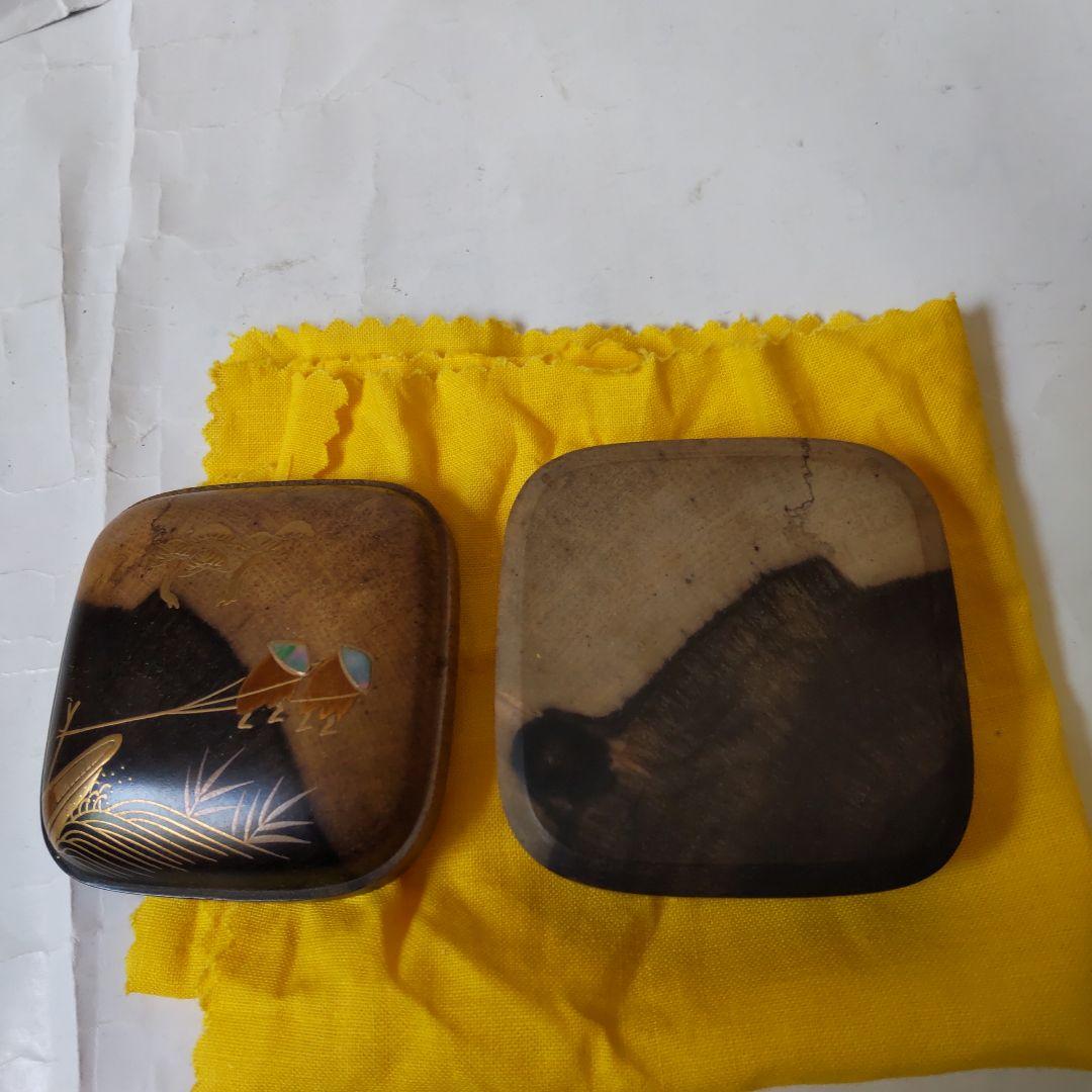 山中塗 蒔絵師 道場宗廣 作 黒柿 四方香合 曳舟 共箱 螺鈿細工 漆器 新品