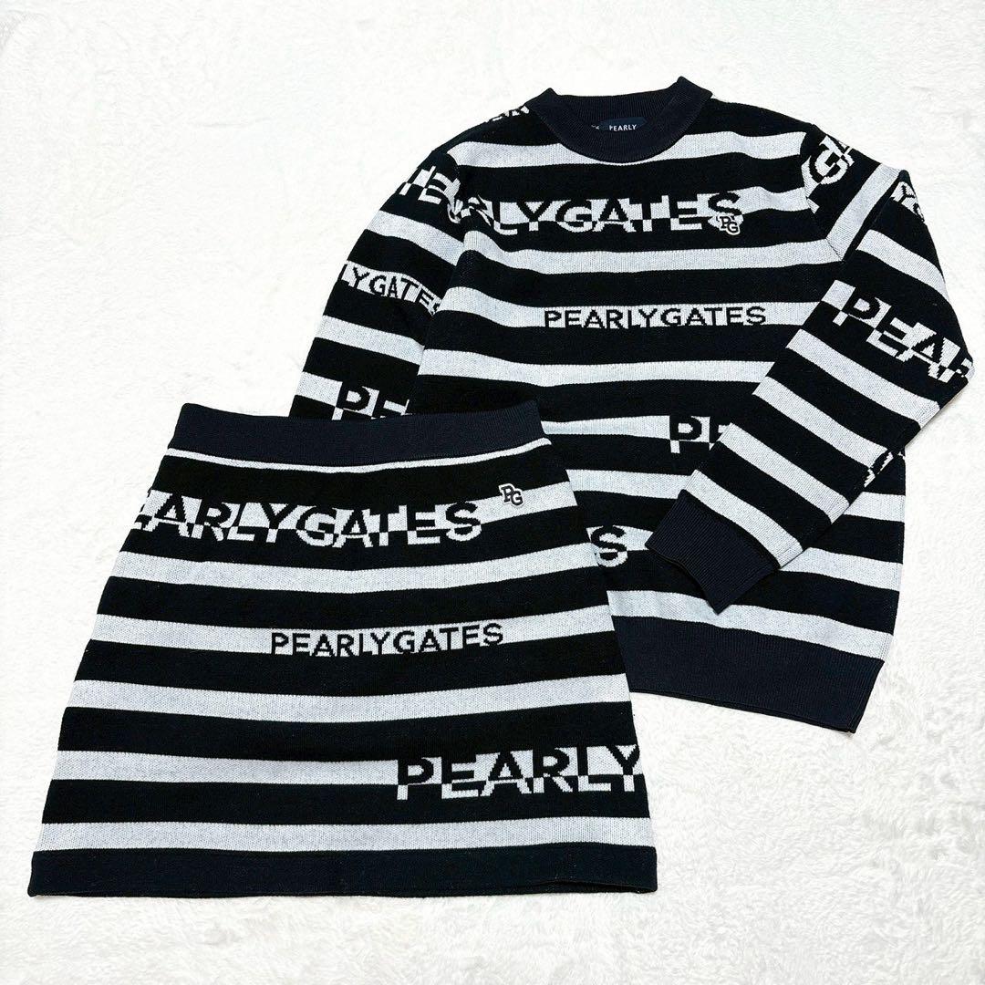 《美品》パーリーゲイツ ボーダーニットスカートセットアップ 黒×白 近年モデル