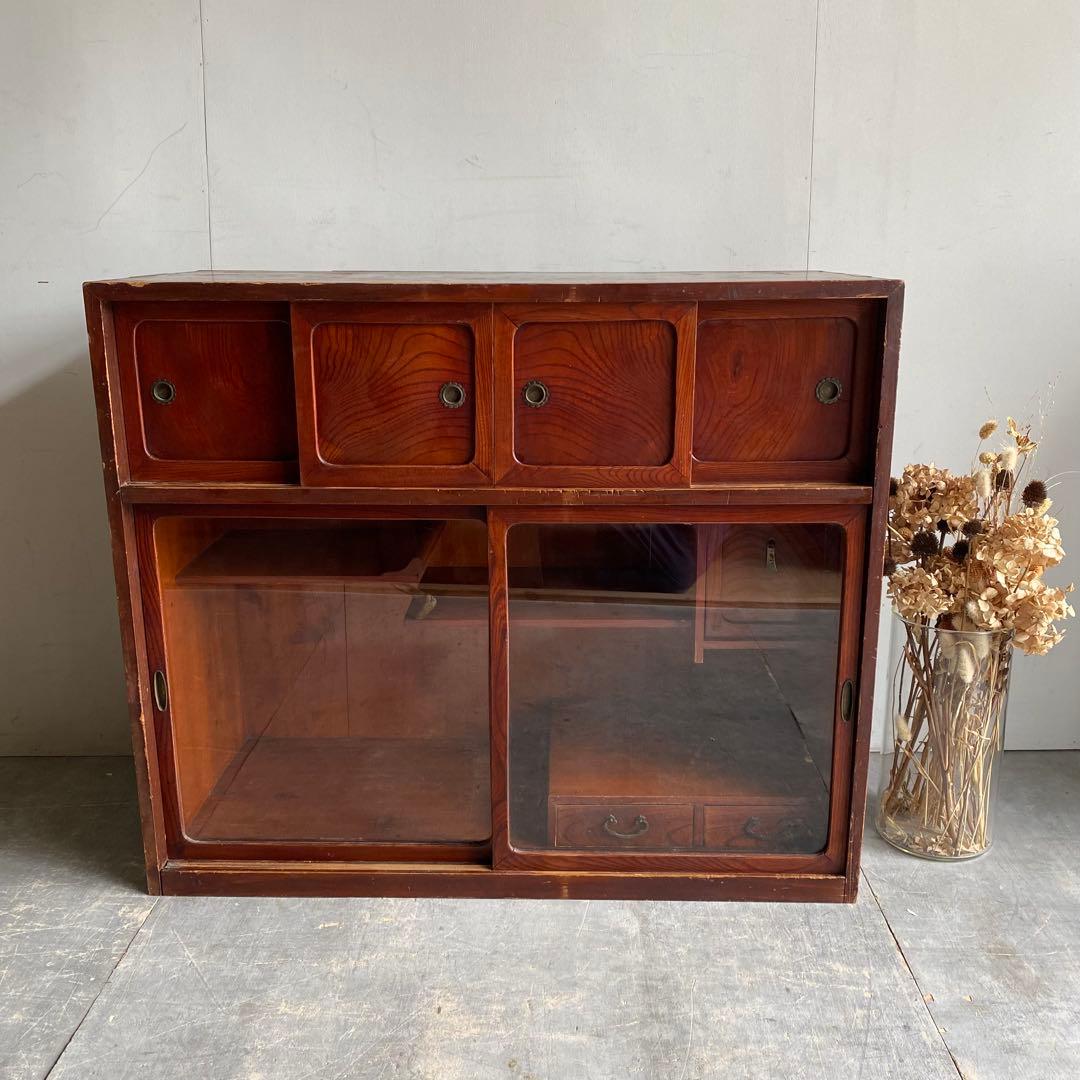 ヴィンテージ ガラス戸棚 キャビネット 水屋箪笥 昭和レトロ 無垢材 z505