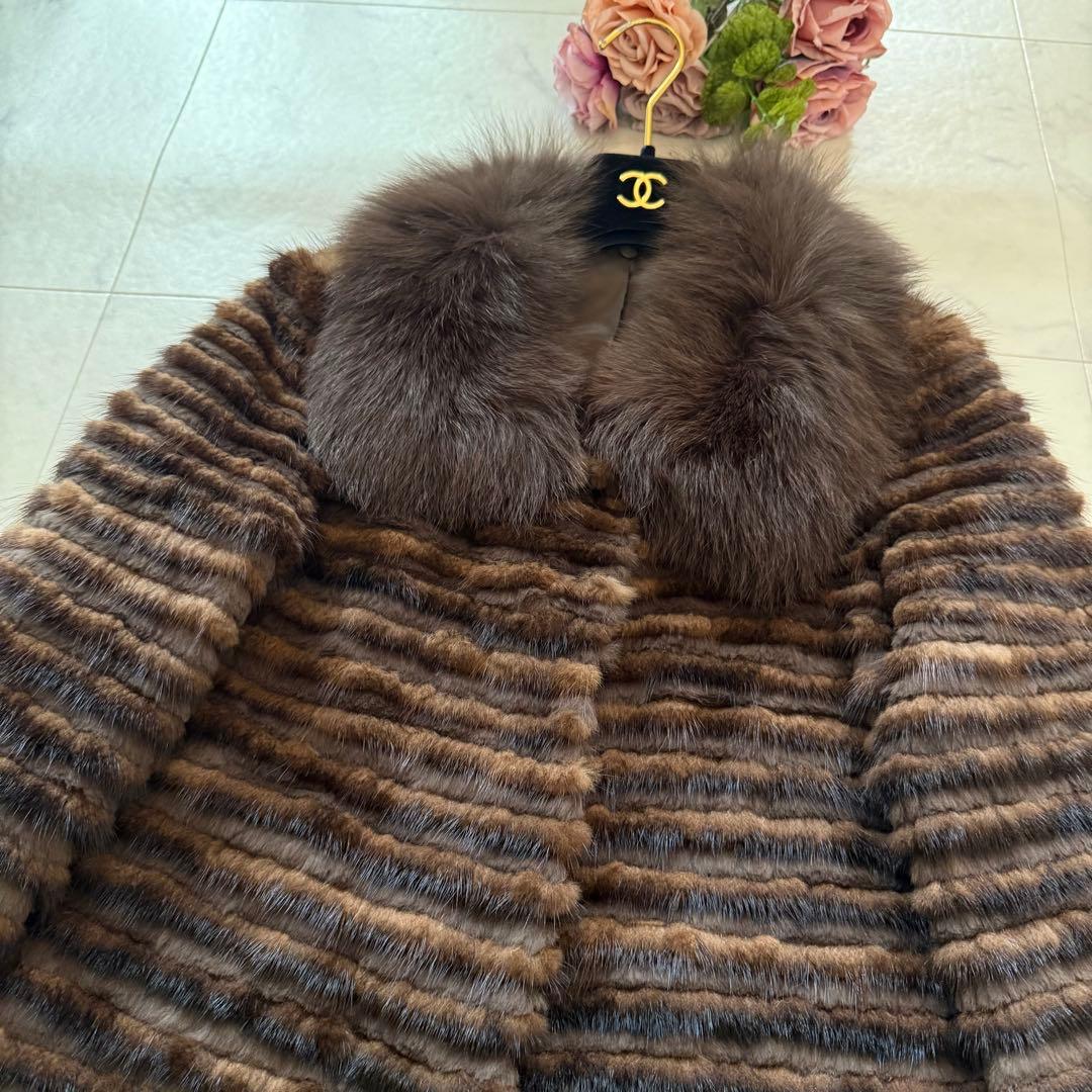 近年モデル 総丈84 ミンク/フォックス 2wayファーコート 毛皮 横段 軽量