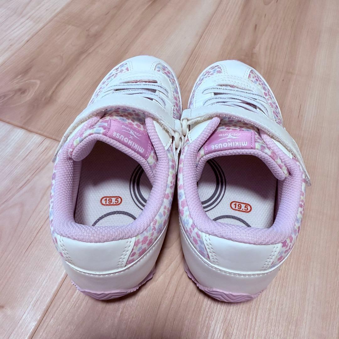 19.5cm Mizuno ミキハウス　コラボ　花柄スニーカー ホワイト/ピンク