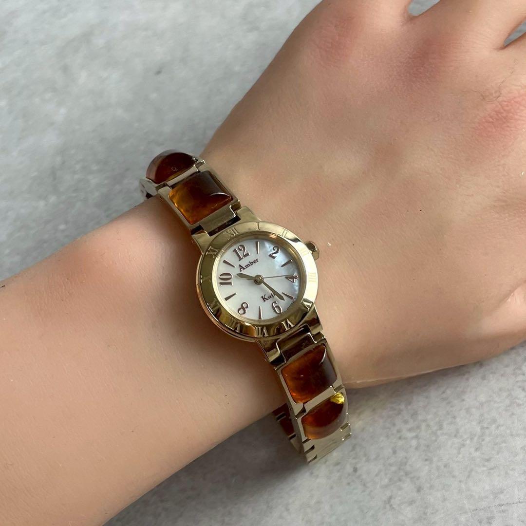 稼働品✨Amber 久慈琥珀 ソーラー 腕時計 シェル盤 琥珀 メタルブレス