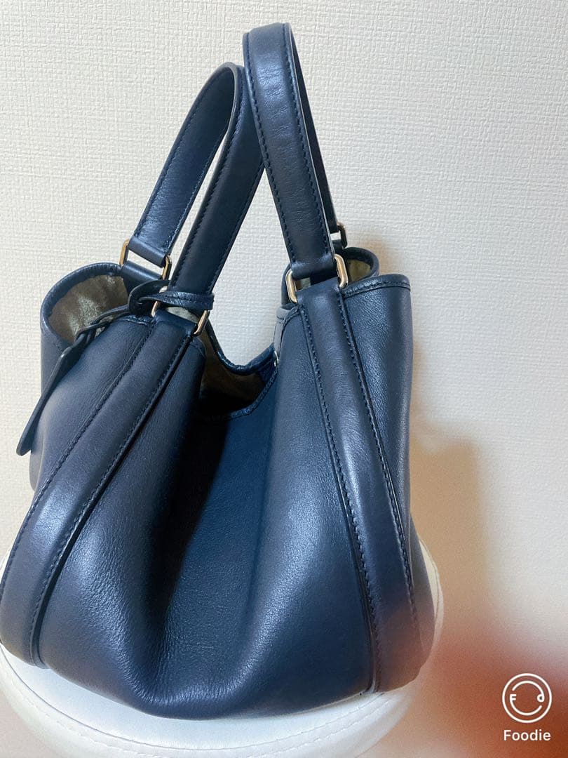 24時間以内発送　HIROFU レザーハンドバッグ　濃紺　クリーム＆保管袋付き