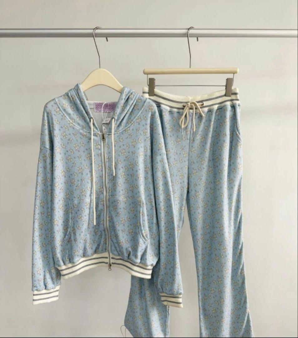 Minjiena 水色 花柄 カーディガンとロングパンツのセットアップ