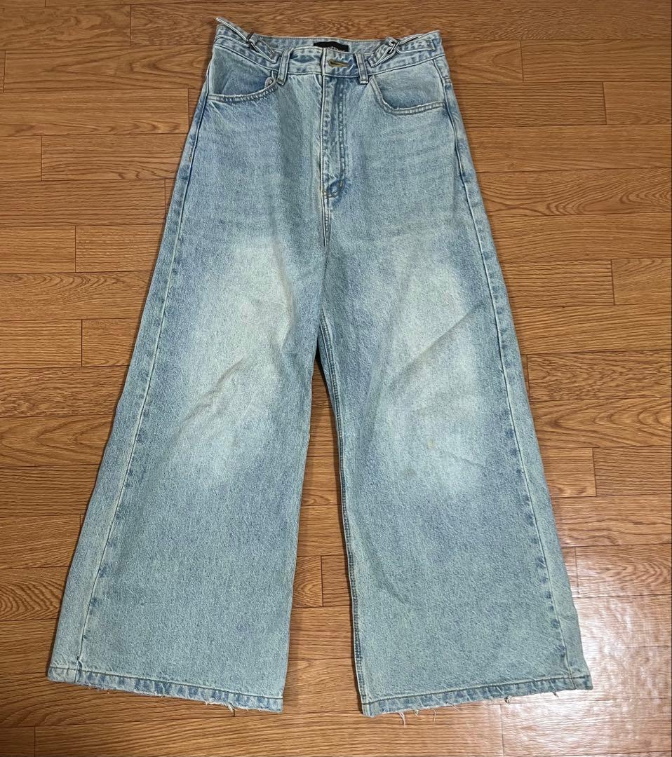 MASONPRINCE サイドベルト ワイドフレアデニムパンツ ライトブルー